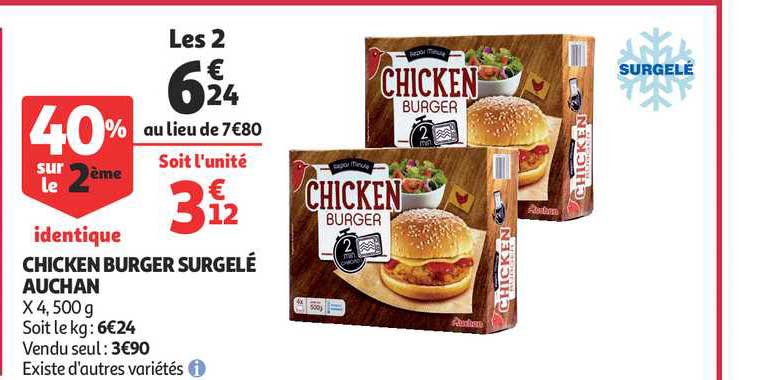 Chicken Burger Surgelé Auchan 40% Sur Le 2ème Identique