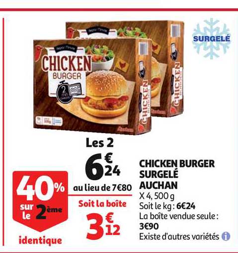 chicken burger surgelé auchan 40% sur le 2ème identique