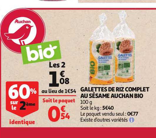 Galettes De Riz Complet Au Sésame Auchan Bio 60% Sur Le 2ème Identique