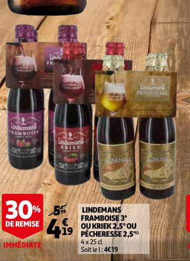 lindemans framboise 3° ou kriek 2.5° ou pécheresse 2.5° 30% remise immédiate