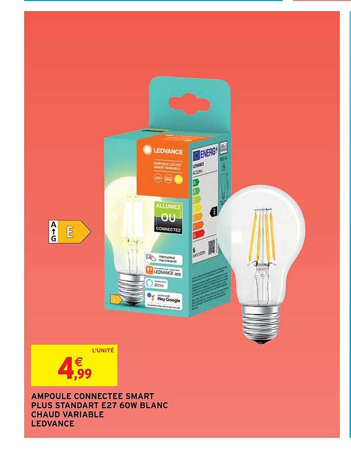 ampoule connectée smart plus standard e27 60w blanc chaud variable ledvance