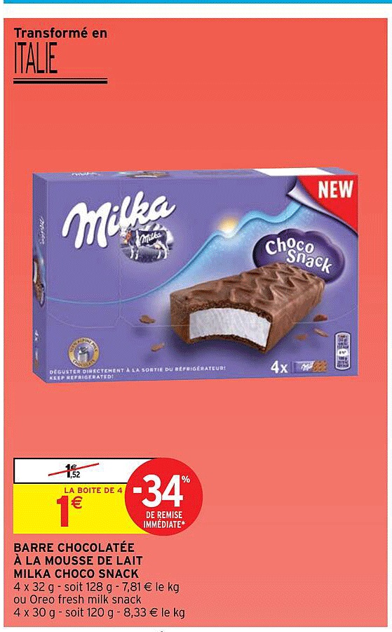 barre chocolatée à la mousse de lait milka choco snack