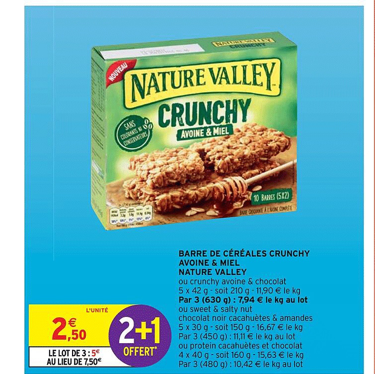 barre de céréales crunchy avoine & miel nature valley