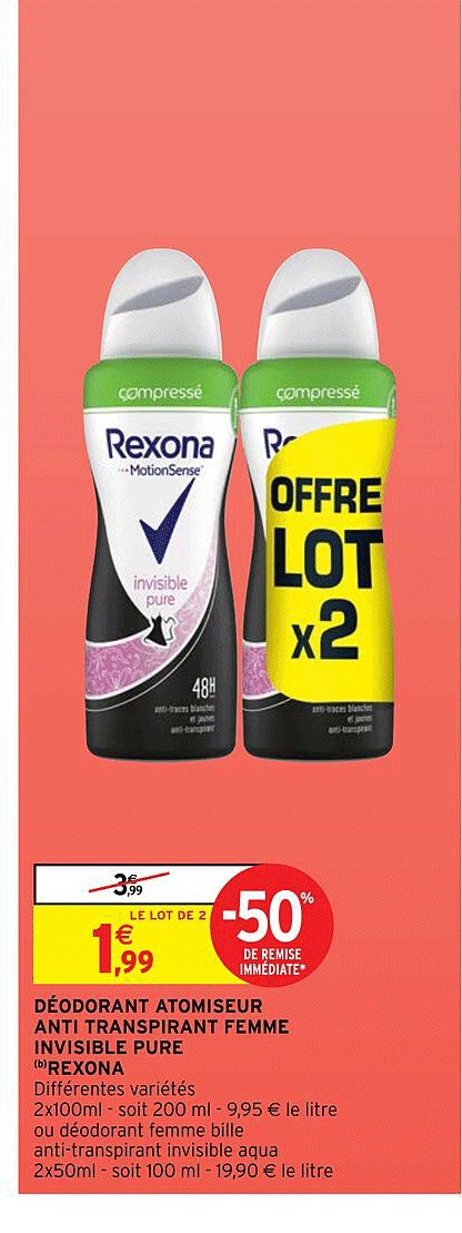 Déodorant Atomiseur Anti Transpirant Femme Invisible Pure "rexona"