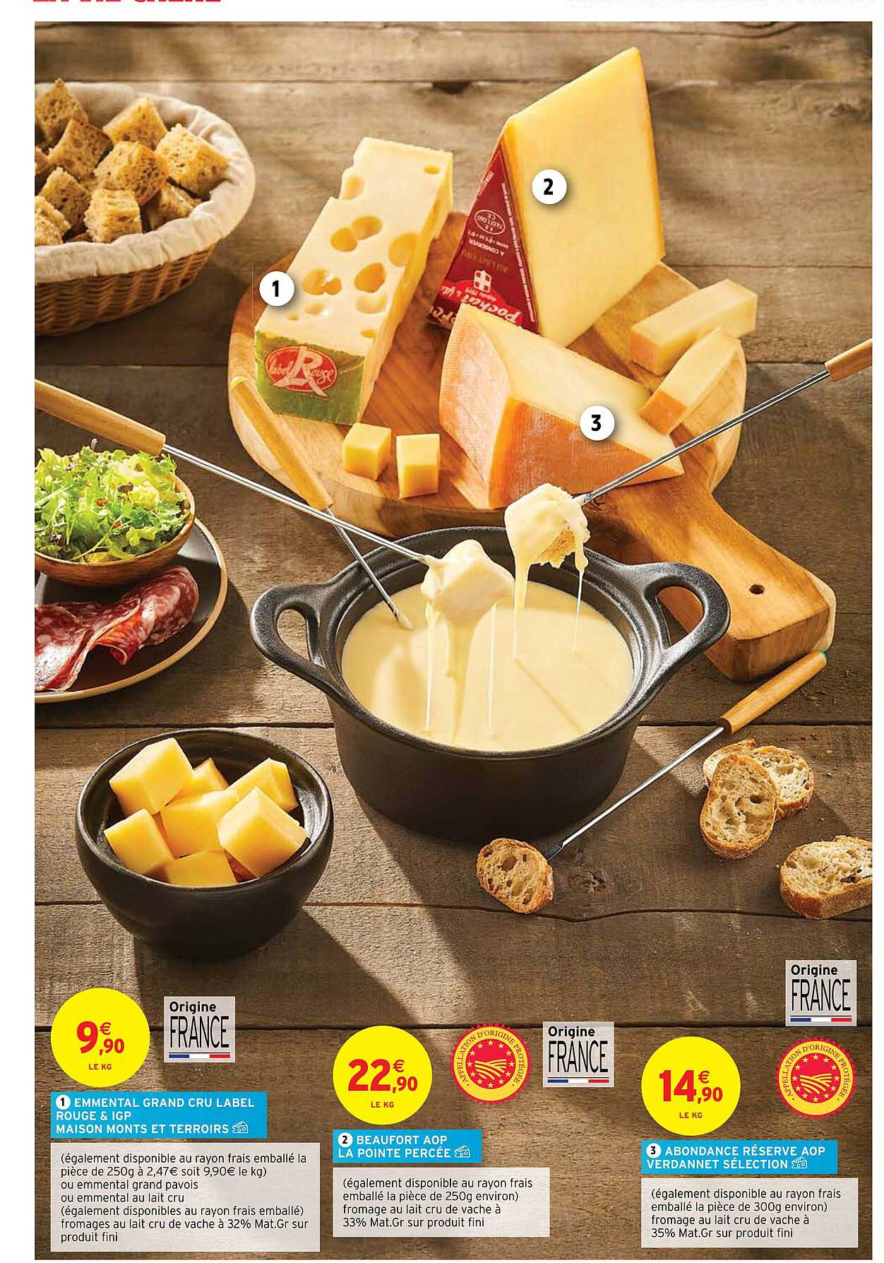 emmental grand cru label rouge & igp maison monts et terroirs, beaufort aop la pointe percée, abondance réserve aop verdannet selection