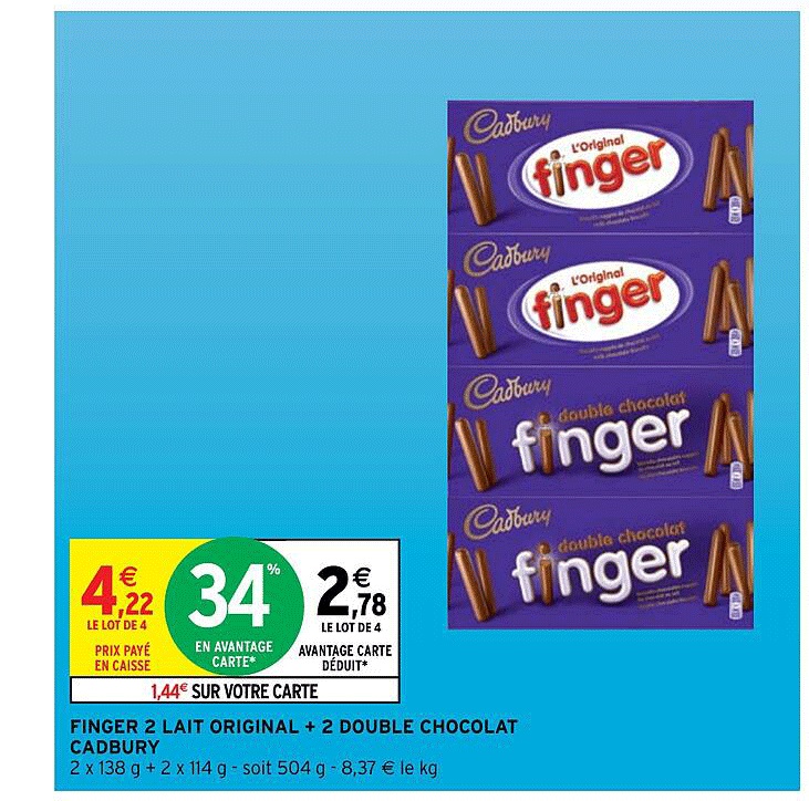 finger 2 lait original + 2 double chocolat cadbury