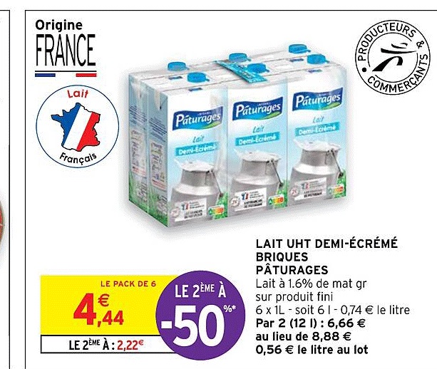 lait uht demi-écrémé briques pâturages
