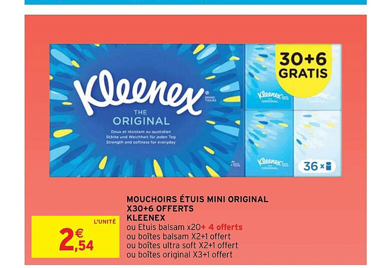 mouchoirs étuis mini original x30 + 6 offerts kleenex