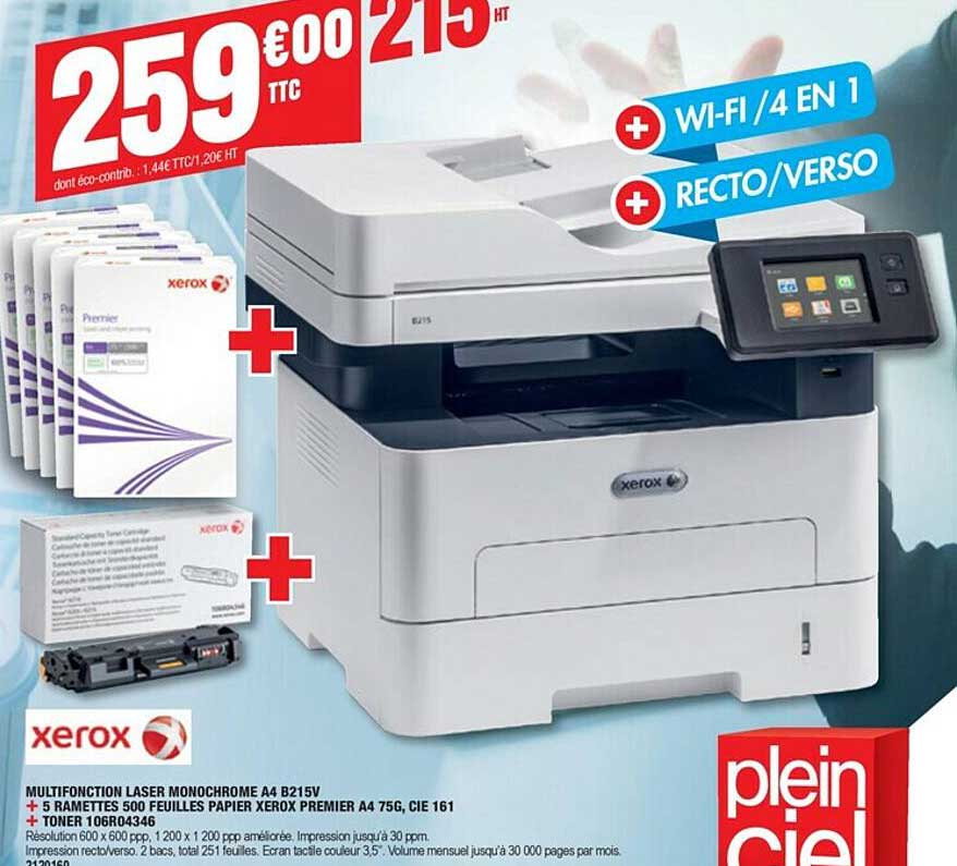 multifonction laser monochrome a4 b215v + 5 ramettes 500 feuilles papier xerox premier a4 75g, cie 161 + toner 106ro4346 xerox