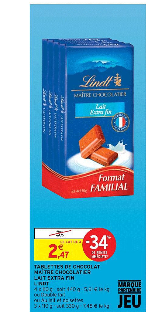 Tablettes De Chocolat Maître Chocolatier Lait Extra Fin Lindt