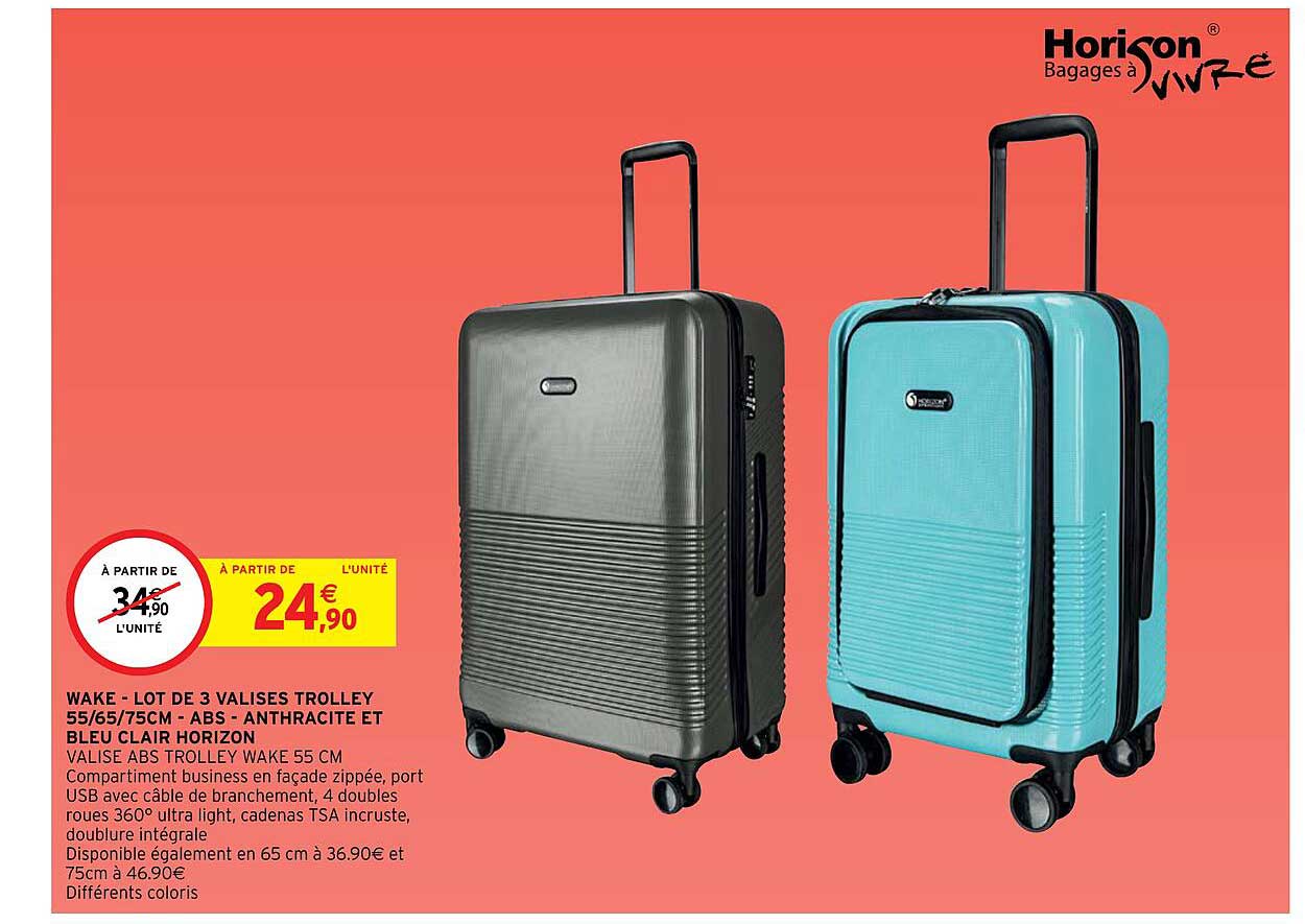 wake - lot de 3 valises trolley 55-65-75 cm - abs - anthracite et bleu clair horizon