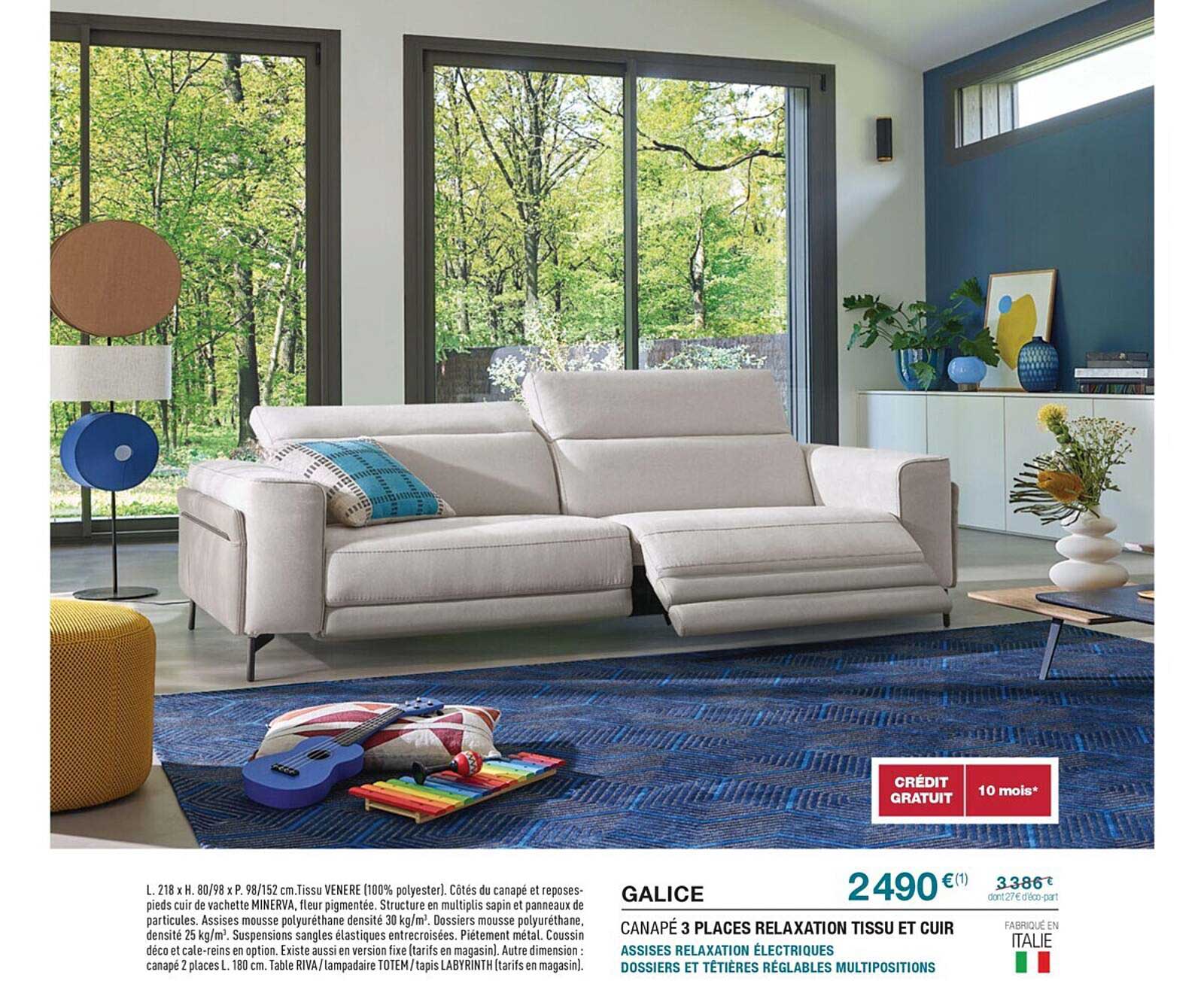 Canapé 3 Places Relaxation Tissu Et Cuir Galice
