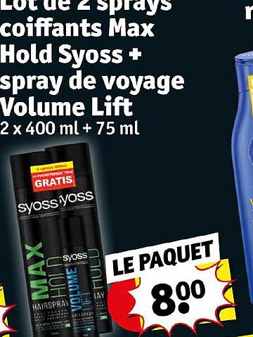 lot de 2 sprays coiffants max hold syoss + spray de voyage volume lift