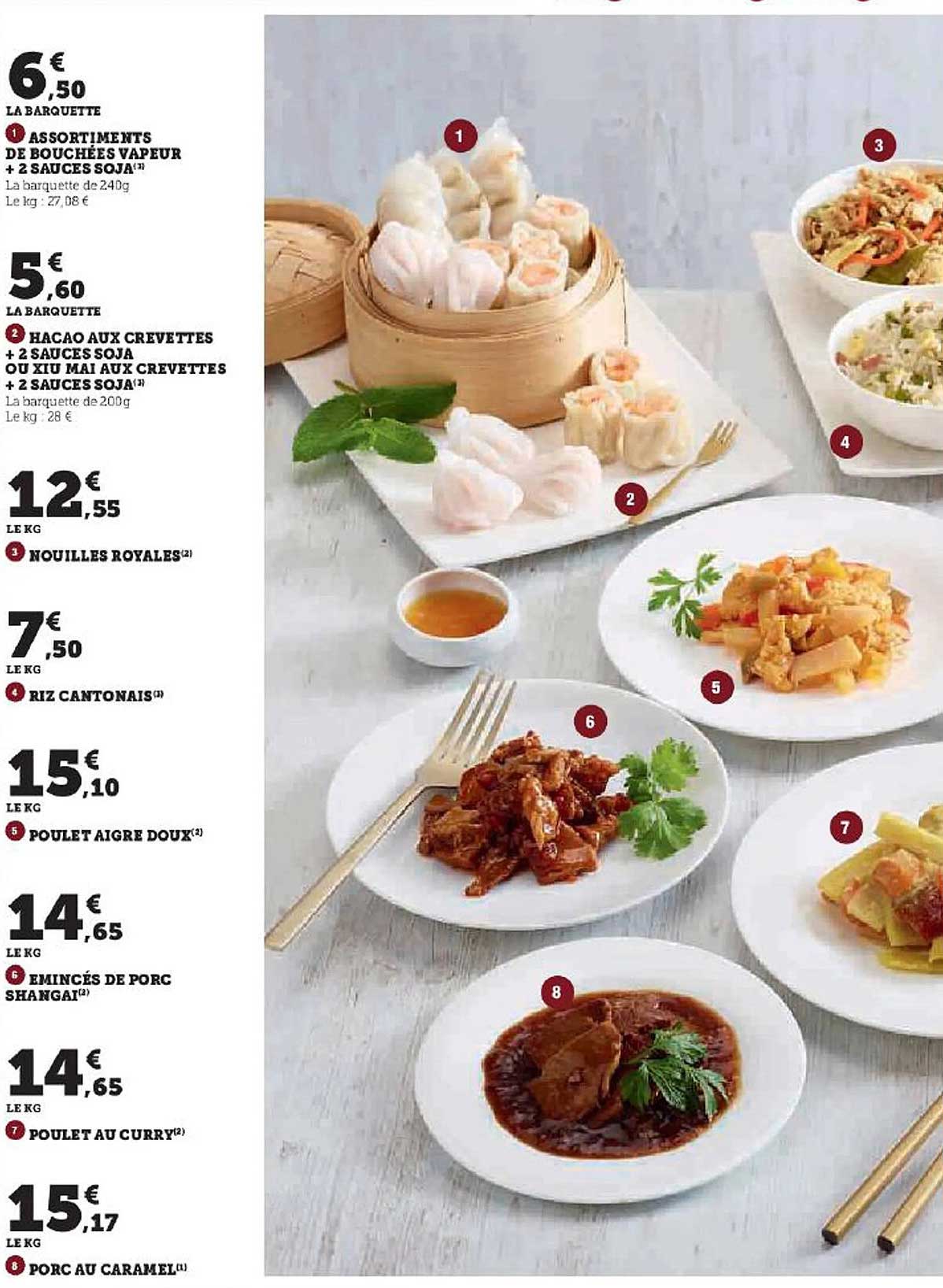 assortiments de bouchées vapeur + 2 sauces soja, hacao aux crevettes + 2 sauces soja ou xiu mai aux crevettes + 2 sauces soja, nouilles royales, riz cantonais, poulet aigres doux, émincés de porc