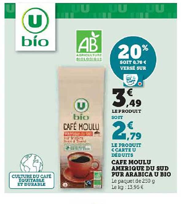 café moulu amérique du sud pur arabica u bio