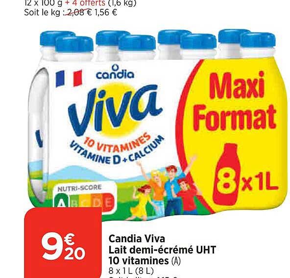 candia viva lait demi-écrémé uht 10 vitamines