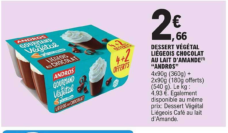 dessert végétal liégeois chocolat au lait d'amande "andros"