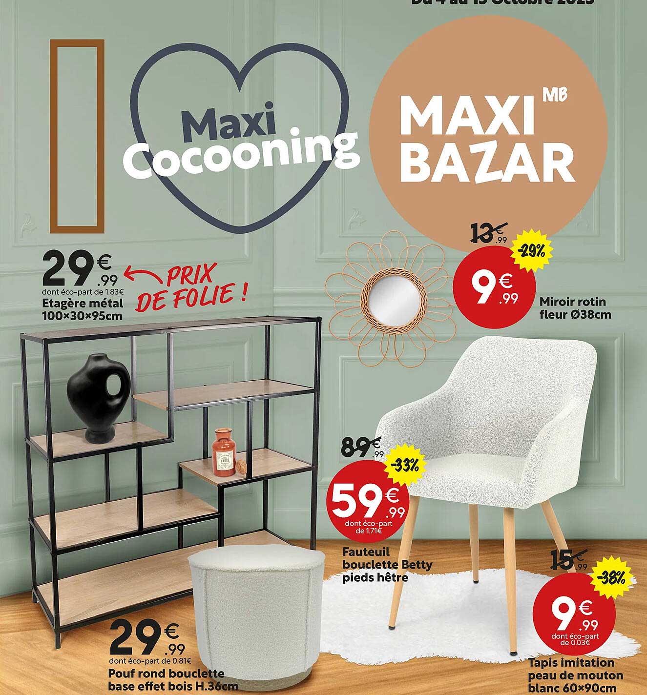 étagère métal 100 x 30 x 95 cm, pouf rond bouclette basse effet bois h.36 cm, fauteuil bouclette betty pieds hêtre, miroir rotin fleur ø 38 cm, tapis imitation peau de mouton blanc 60 x 90 cm