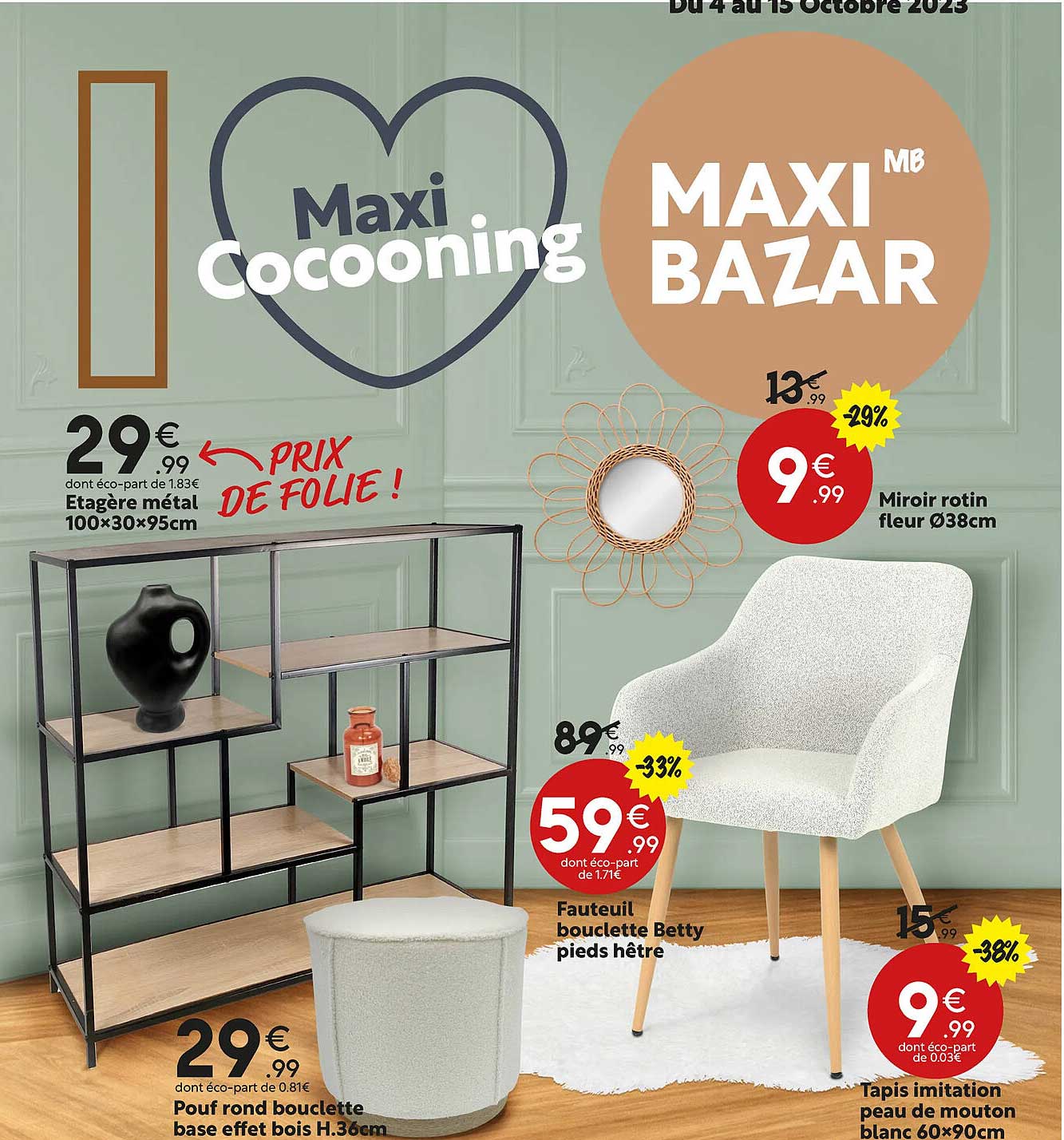 étagère métal 100 x 30 x 95 cm, pouf rond bouclette basse effet bois h.36 cm, fauteuil bouclette betty pieds hêtre, miroir rotin fleur ø 38 cm, tapsi imitation peau de mouton blanc 60 x 90 cm