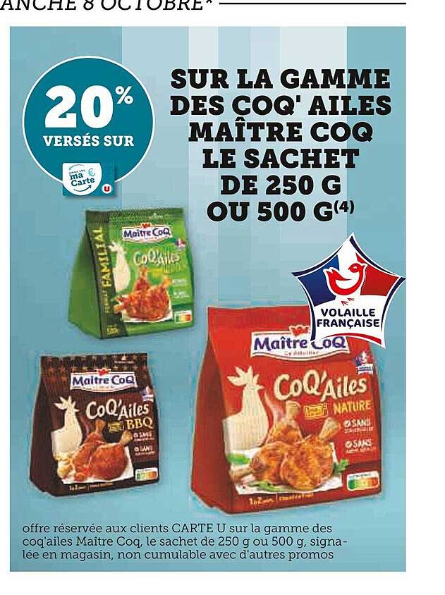 la gamme des coq' ailes maître coq le sachet de 250 g ou 500 g
