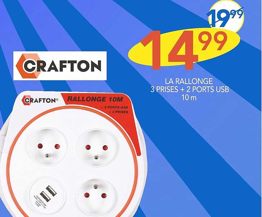 la rallonge 3 prises + 2 ports usb crafton