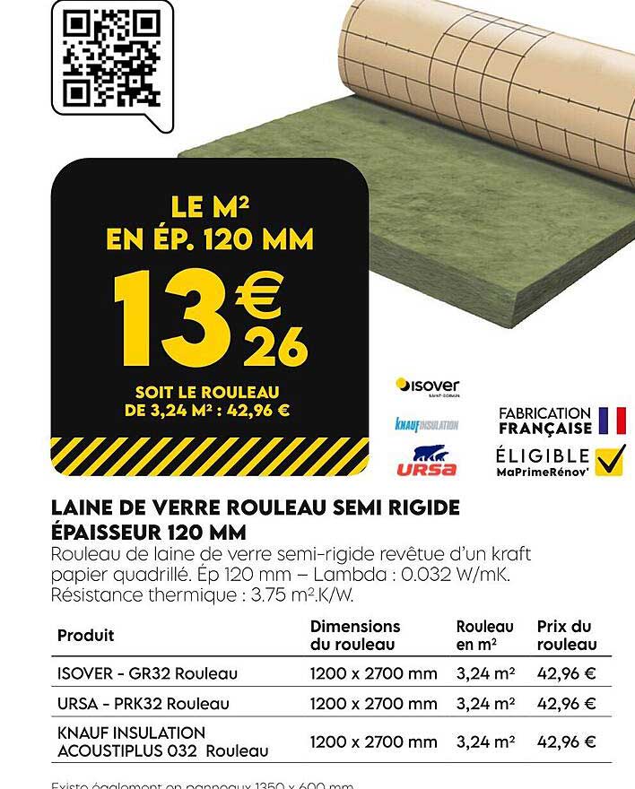 laine de verre rouleau semi rigide épaisseur 120 mm ursa