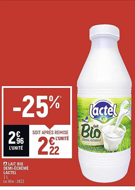 lait bio demi-écrémé lactel