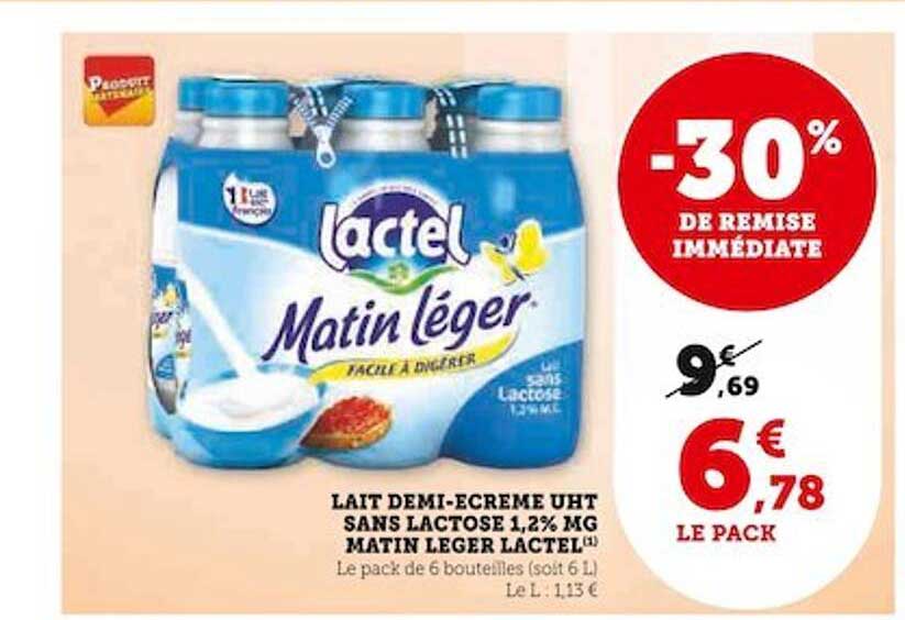lait demi-écrémé uht sans lactose 1,2% mg matin léger lactel
