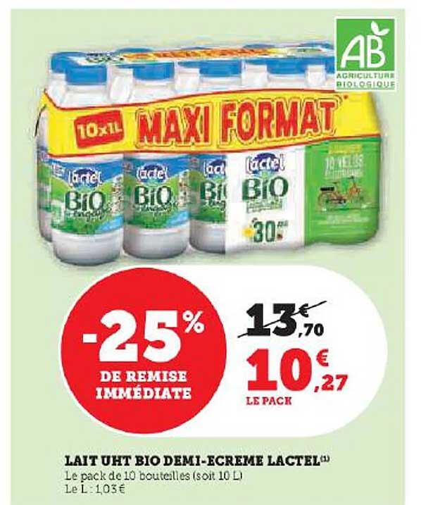lait uht bio demi-écrémé lactel