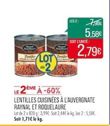 lentilles cuisinées à l'auvergnate raynal et roquelaure