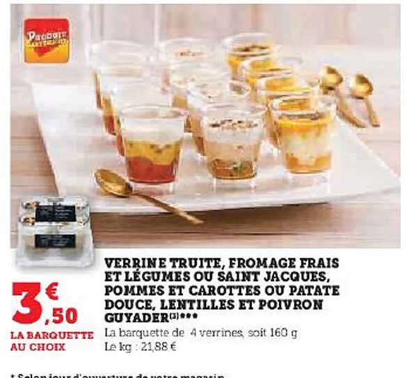 verrine truite, fromage frais et légumes ou saint jacques, pommes et carottes ou patate douce, lentilles et poivron guyader