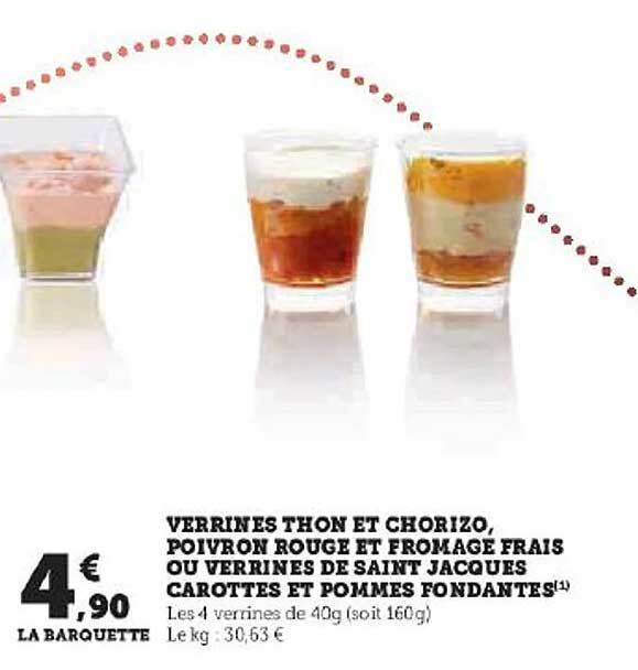 verrines thon et chorizo, poivron rouge et fromage frais ou verrines de saint jacques carottes et pommes fondantes