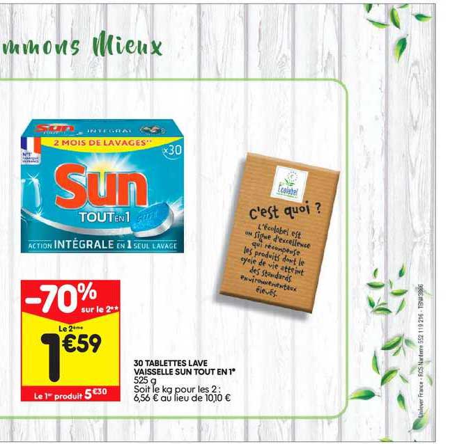 30 tablettes lave vaisselle sun tout en 1 -70% sur le 2ème