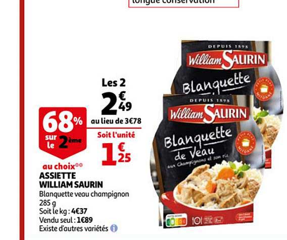 assiette william saurin 68% sur le 2ème au choix