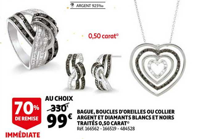 bague boucles d'oreilles ou collier argent et diamants blancs et noirs traités 0.50 carat 70% de remise immédiate