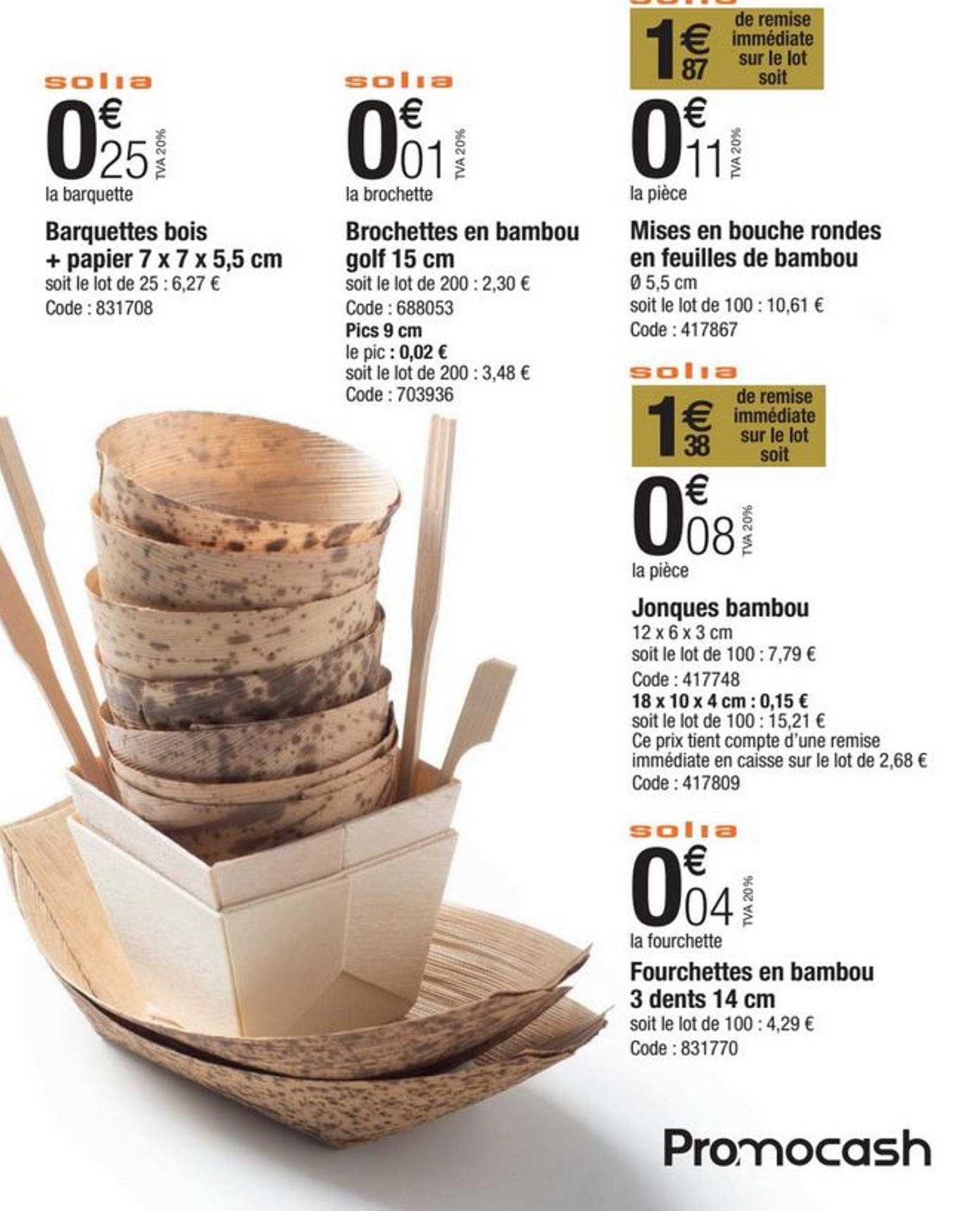 barquettes bois + papier 7 x 7 x 5,5 cm, brochettes en bambou golf 15 cm, mises en bouche rondes en feuilles de bambou, jonques bambou, fourchettes en bambou 3 dents 14 cm