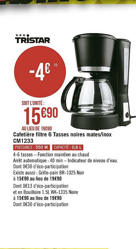 cafetière filtre 6 tasses noires mates inox tristar