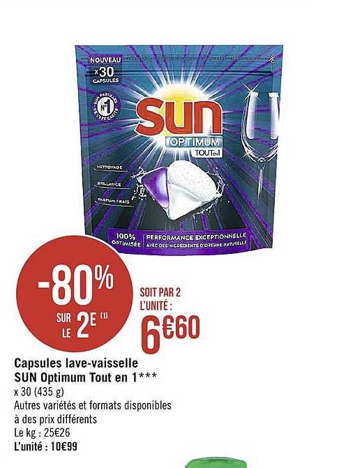 capsules lave vaisselle sun optimum tout en 1 -80% sur le 2e