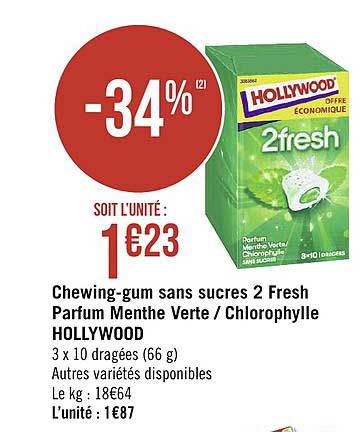 chewing-gum sans sucres 2 fresh parfum menthe verte- chlorophylle hollywood