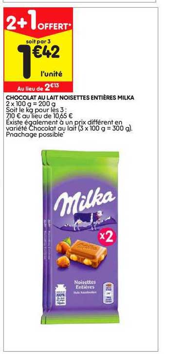 Chocolat Au Lait Noisettes Entières Milka 2+1 Offert