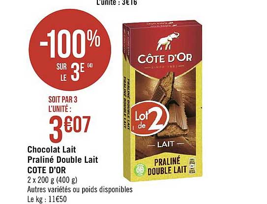 Chocolat Lait Praliné Double Lait Côte D'or