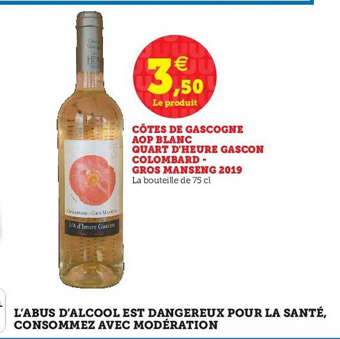 côtes de gascogne aop blanc quart d'heure gascon colombard gros menseng 2019