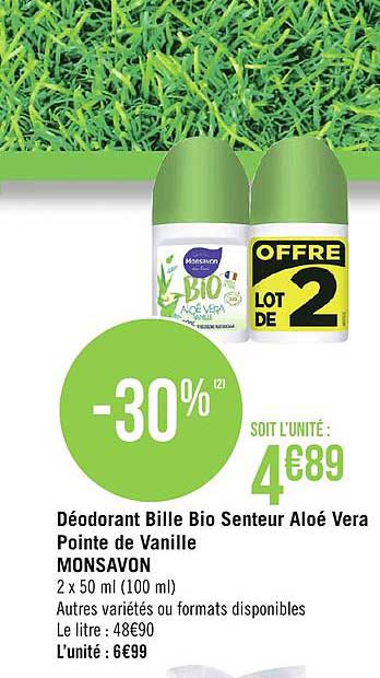 déodorant bille bio senteur aloé vera pointe de vanille monsavon