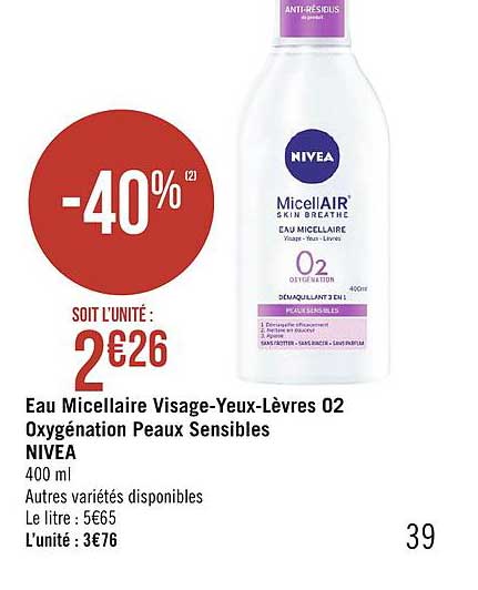 eau micellaire visage yeux lèvre o2 oxygénation peau sensibles  nivea