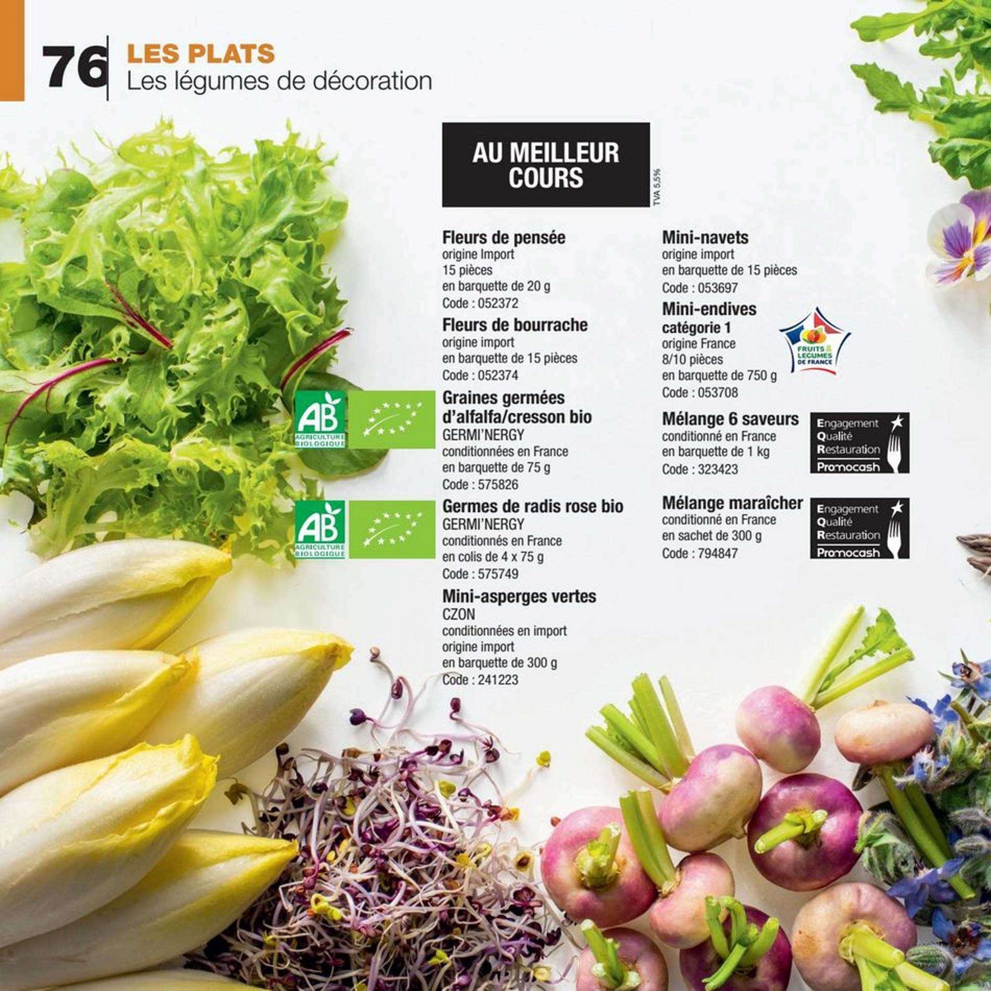 fleurs de pensée, fleurs de bourrache, graines germées d'alfalfa cresson bio germi'nergy, germes de radis rose bio germi'nergy, mini-asperges vertes, mini-navets, mini-endives , mélange 6 saveurs, mélange maraîcher