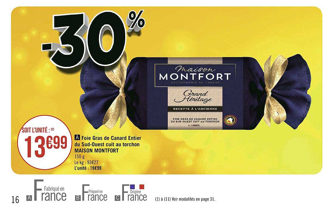 foie gras de canard entier du sud-ouest cuit au torchon maison montfort