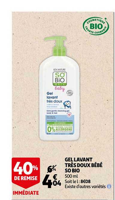 gel lavant très doux bébé so bio 40% de remise immédiate