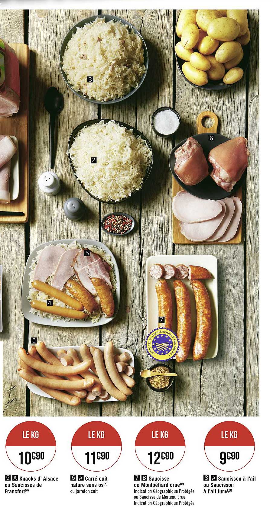 knacks d'alsace ou saucisses de francfort, carré cuit nature sans os ou jarreton cuit, saucisse de montbéliard crue, saucisson à l'ail ou saucisson