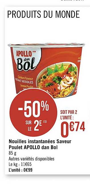 nouilles instantanées saveur poulet apollo dan bol