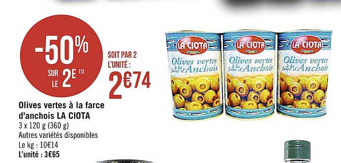 olives vertes à la farce d'anchois la ciota -50% sur le 2e
